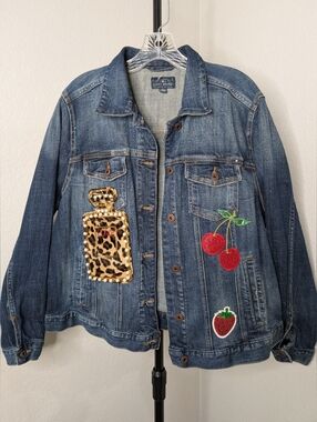 Lucky Brand Women's Blue Denim Jacket with Embroidered Patches